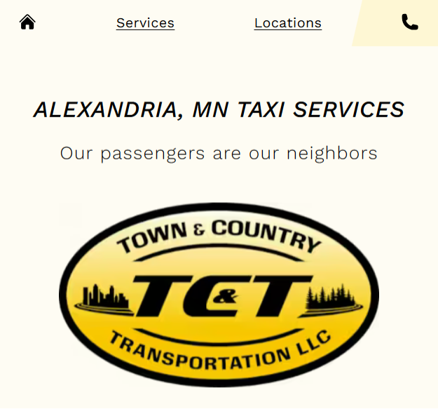 Professional taxi service website showing mobile-optimized design with prominent phone number and service area information for Alexandria Minnesota